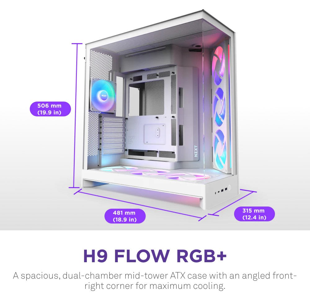 NZXT H9 Flow RGB White Large Dual-Chamber Mid-Tower ATX Airflow Case with RGB