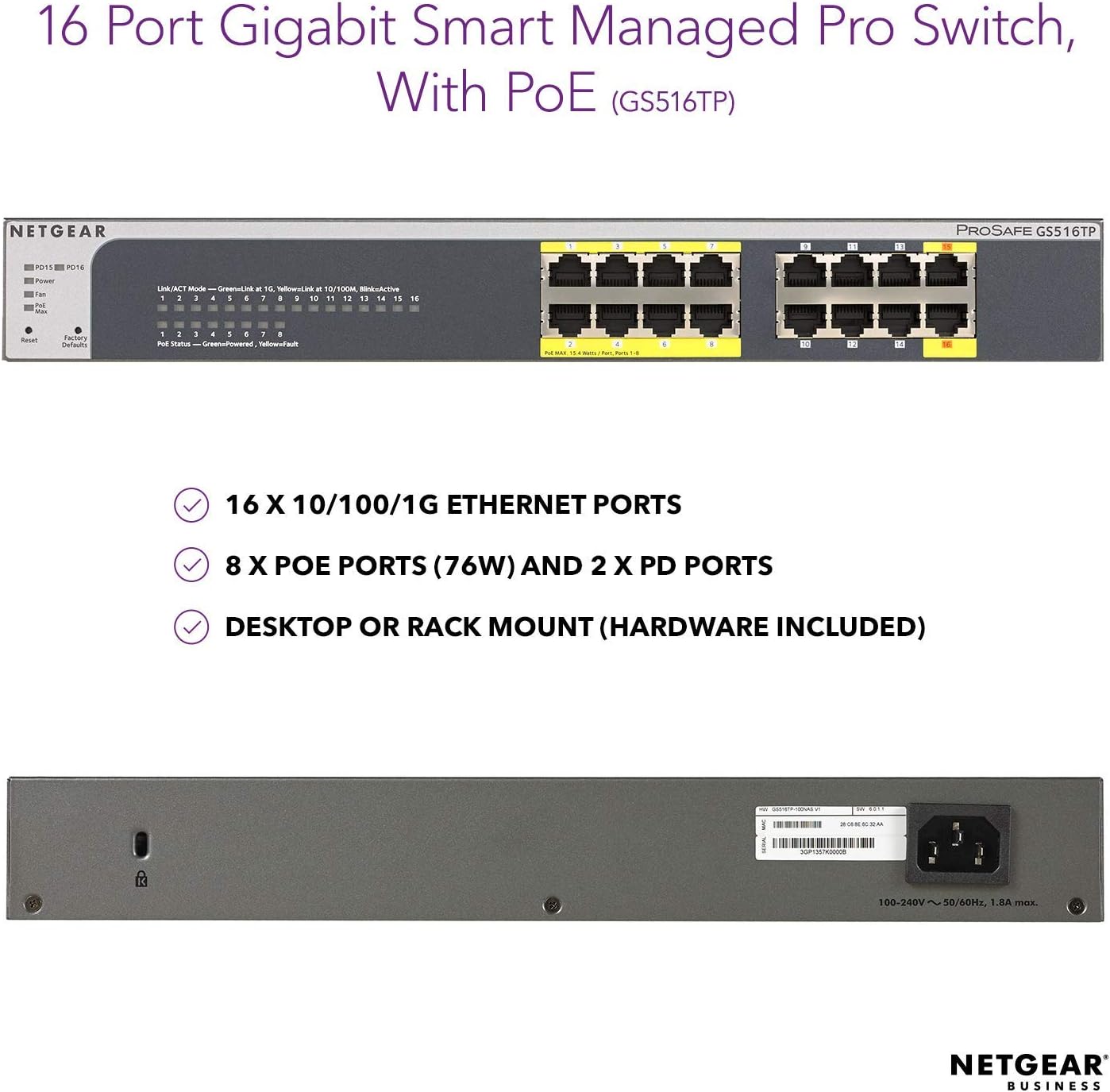 NETGEAR 16-Port Gigabit Ethernet Smart Switch with 8 PoE Ports and 2 PD Ports (GS516TP-100EUS)