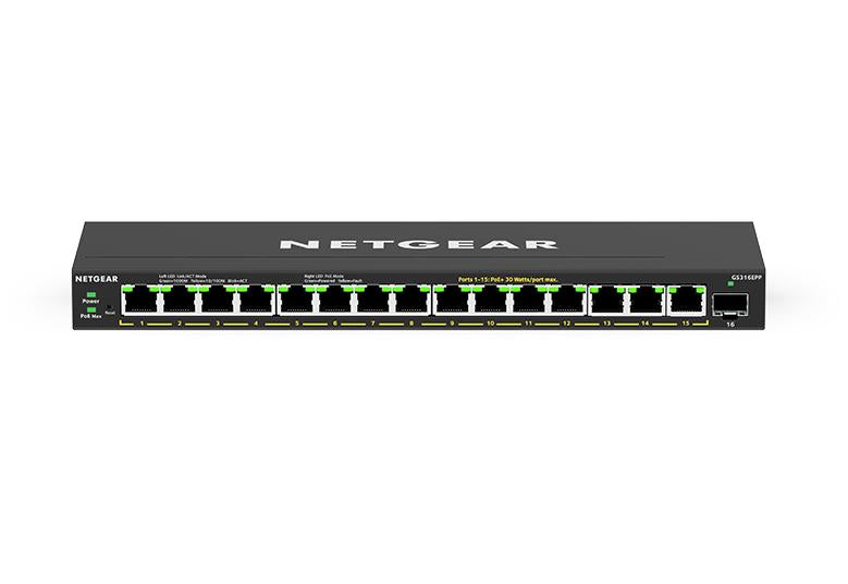 NETGEAR 16-Port High-Power PoE+ Gigabit Ethernet Plus Switch (231W) with 1 SFP Port (GS316EPP-100PES)