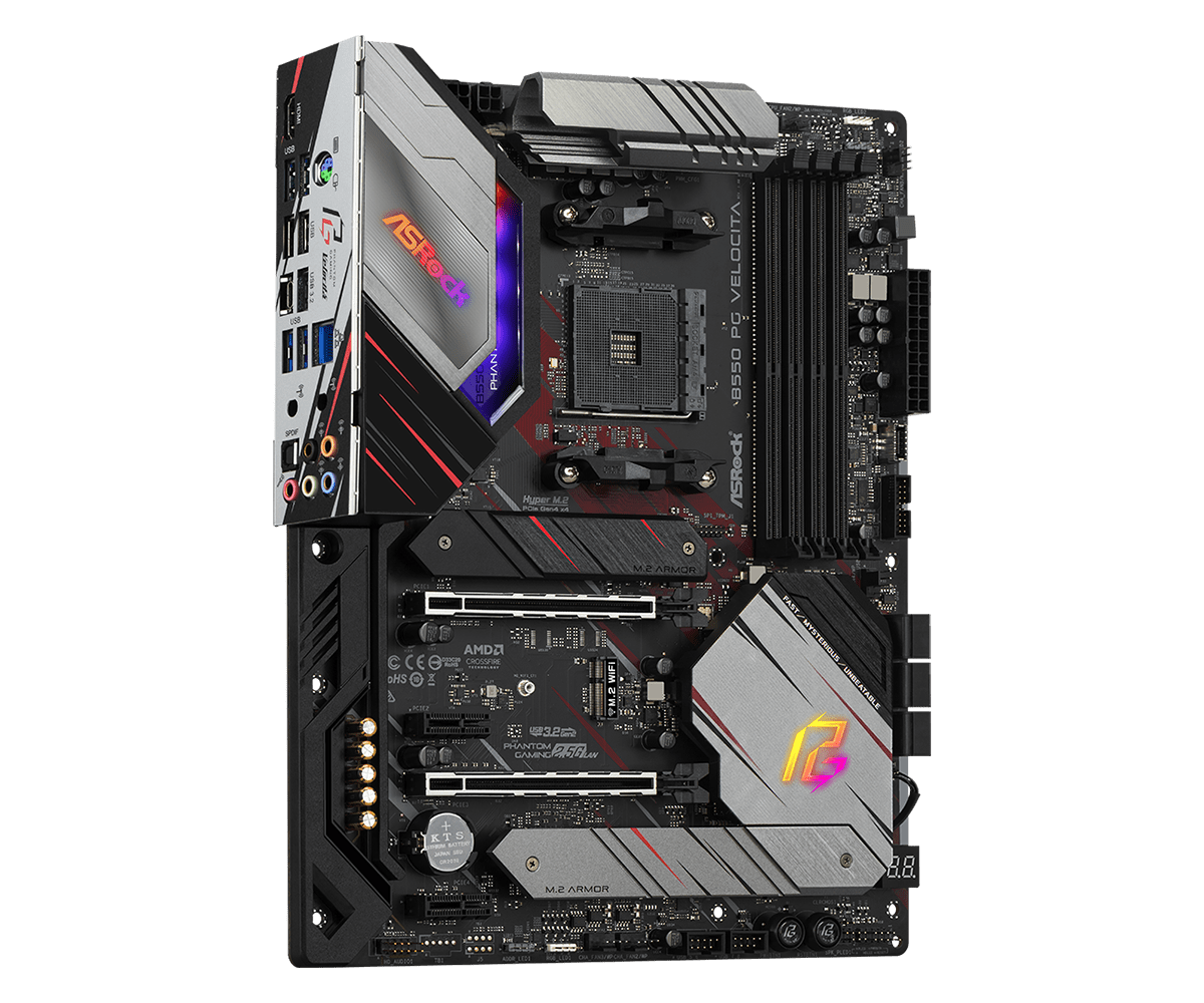 ASRock B550 PG Velocita Supports DDR4 4733+ (OC) 1 PCIe 4.0 x16, 1 PCIe 3.0 x16, 2 PCIe 3.0 x1, 1 M.2 Key E for WiFi