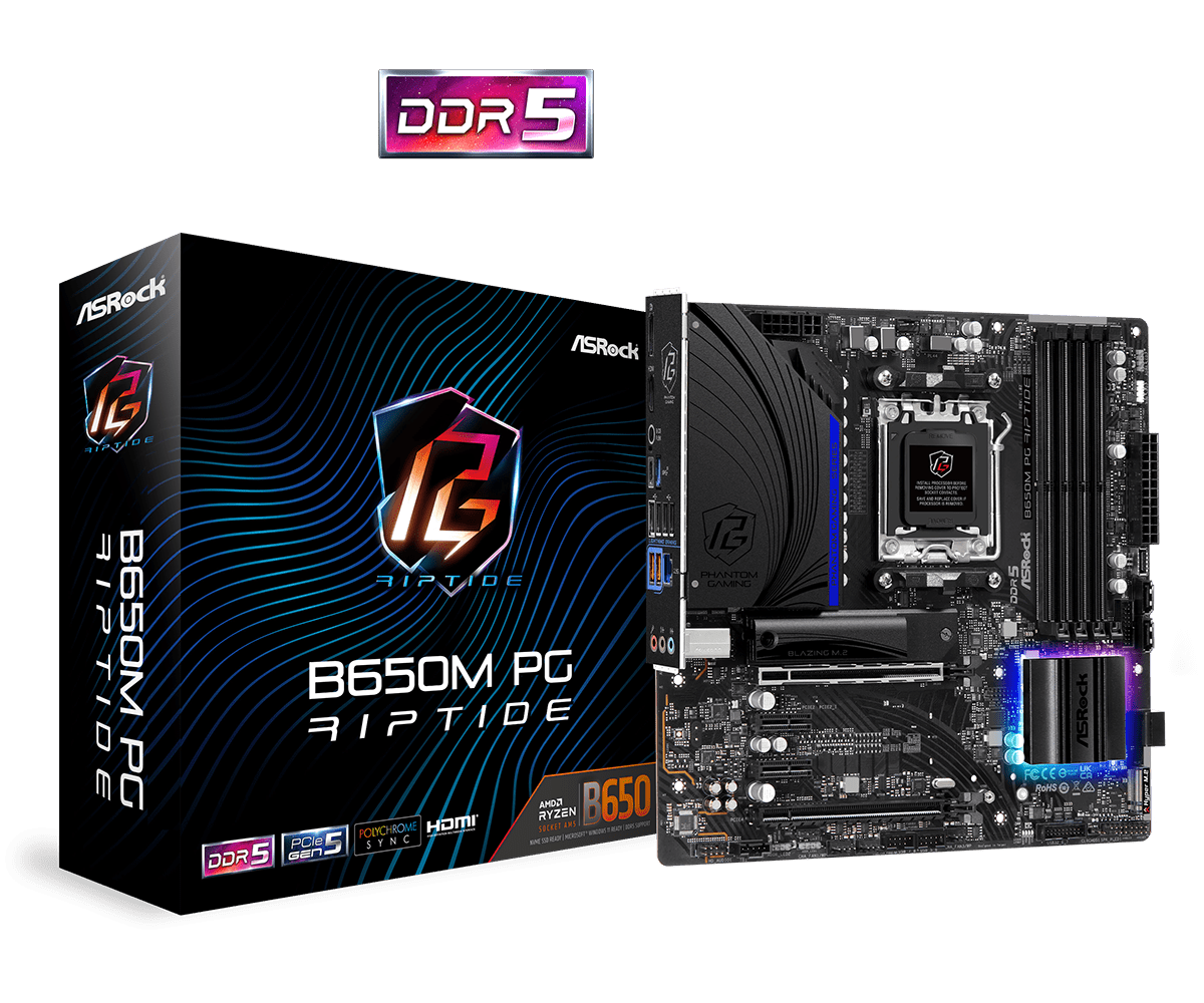 ASRock B650M PG Riptide Supports AMD Ryzen™ 7000 Series Processors and DDR5 6200MHz