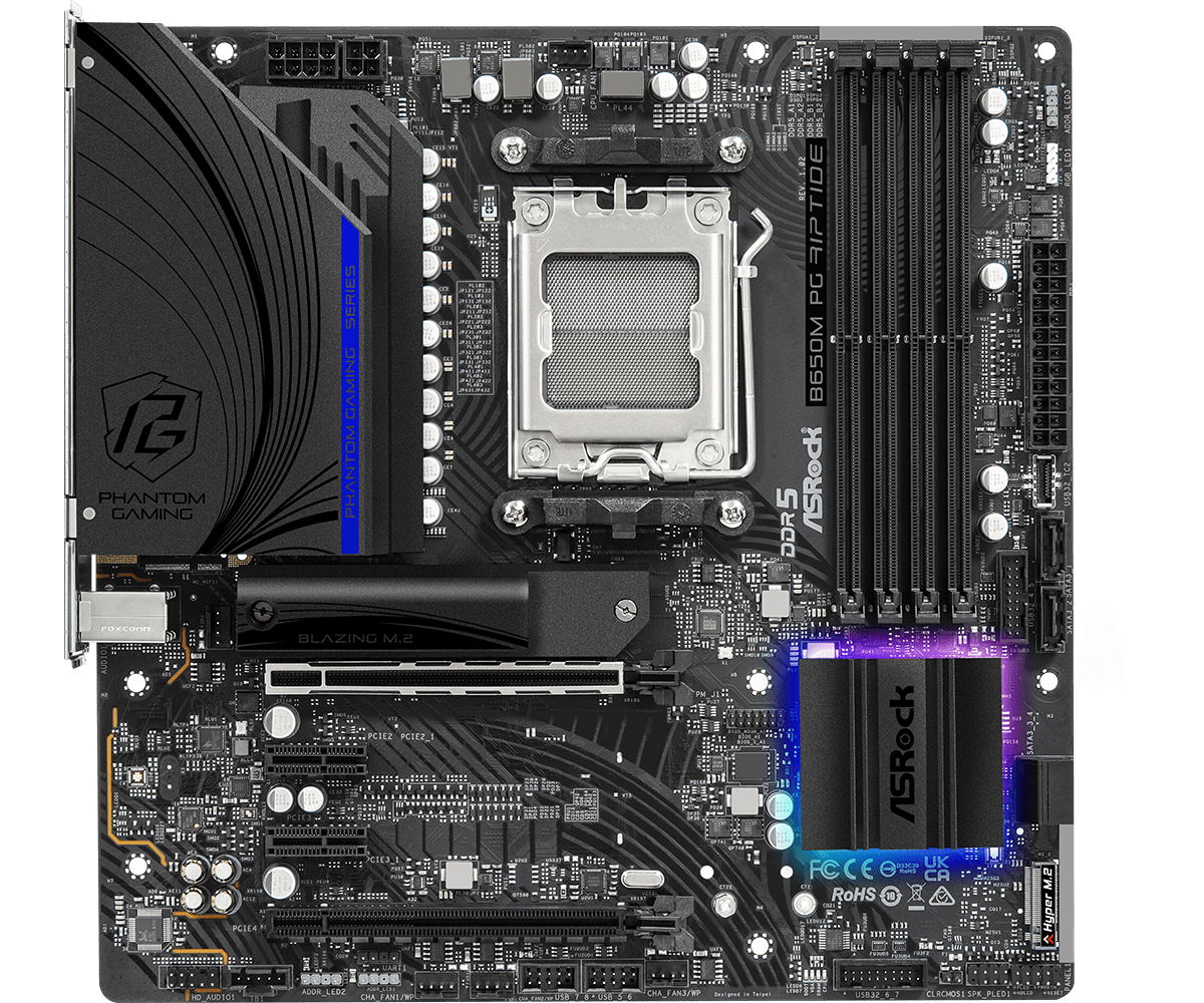 ASRock B650M PG Riptide Supports AMD Ryzen™ 7000 Series Processors and DDR5 6200MHz