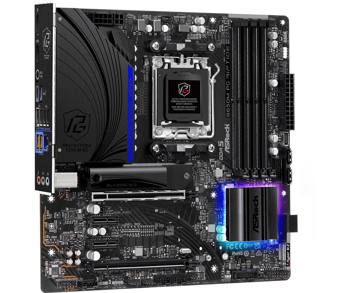 ASRock B650M PG Riptide Supports AMD Ryzen™ 7000 Series Processors and DDR5 6200MHz