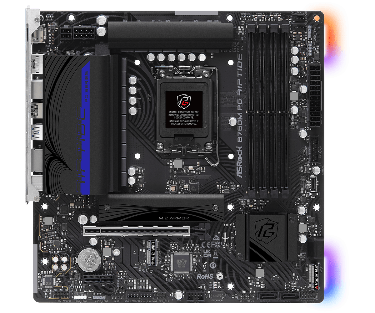 ASRock B760M PG Riptide Supports 13th Gen & 12th Gen and next gen Intel® Core™ Processors (LGA1700) and DDR5 7200MHz (OC)