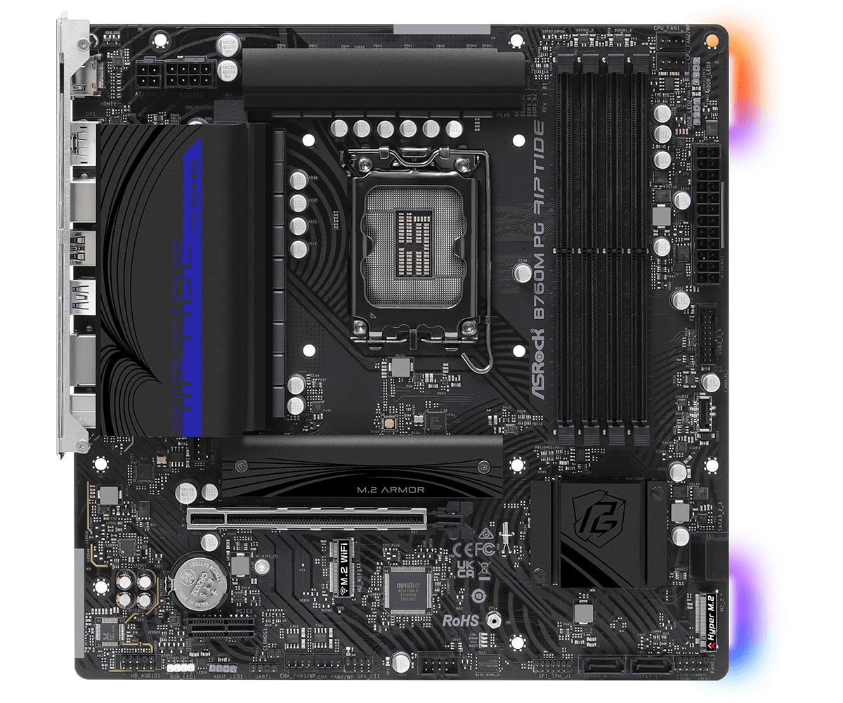 ASRock B760M PG Riptide Supports 13th Gen & 12th Gen and next gen Intel® Core™ Processors (LGA1700) and DDR5 7200MHz (OC)