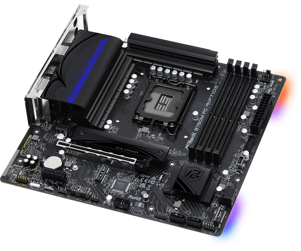 ASRock B760M PG Riptide Supports 13th Gen & 12th Gen and next gen Intel® Core™ Processors (LGA1700) and DDR5 7200MHz (OC)