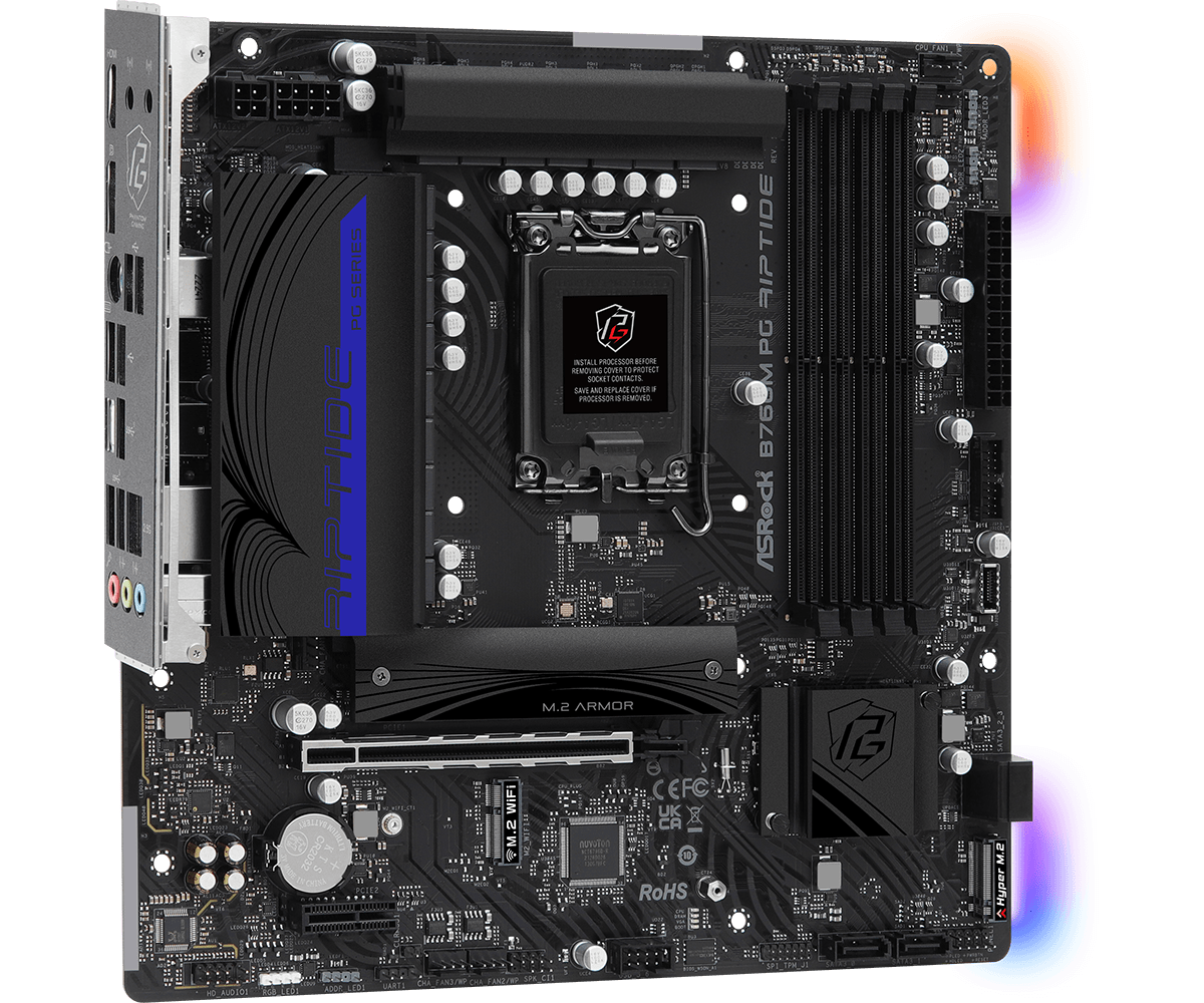 ASRock B760M PG Riptide Supports 13th Gen & 12th Gen and next gen Intel® Core™ Processors (LGA1700) and DDR5 7200MHz (OC)