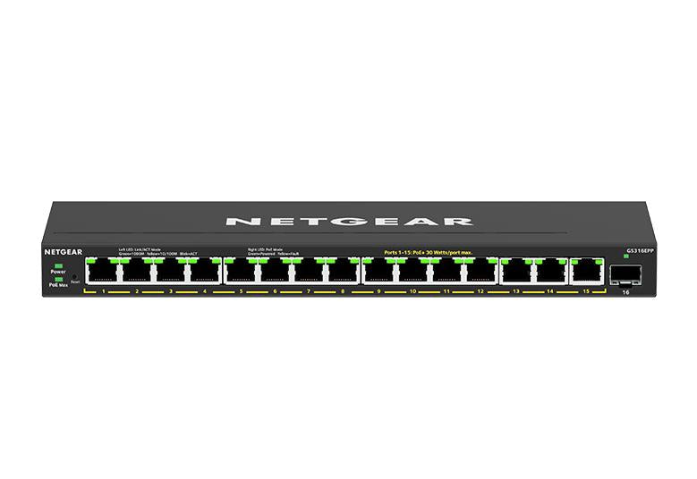 NETGEAR 16-Port High-Power PoE+ Gigabit Ethernet Plus Switch (231W) with 1 SFP Port (GS316EPP-100PES)