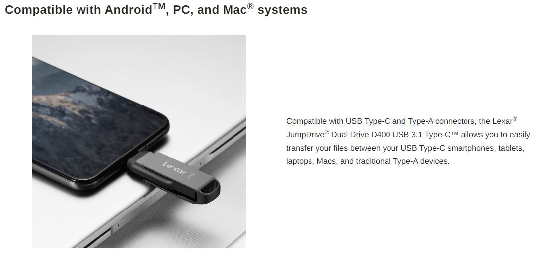 Lexar JumpDrive Dual Drive D400 USB 3.1 Type-C Flash Drive