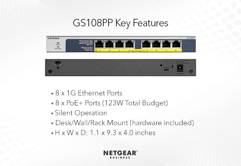 NETGEAR 8-Port Gigabit Ethernet High-power PoE+ Unmanaged Switch with FlexPoE 123W (GS108PP-100EUS/GS108PP-100AJS)