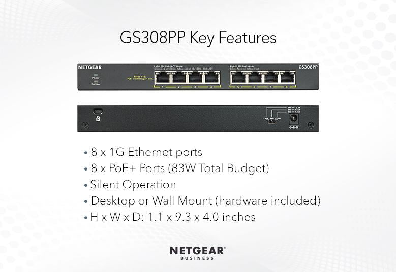 NETGEAR 8-Port Gigabit Ethernet SOHO PoE+ Unmanaged Switch 83W (GS308PP-100NAS)