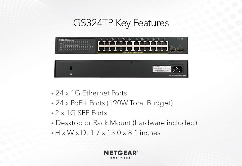 NETGEAR S350 Smart Switches 24-Port Gigabit Ethernet PoE+ Smart Switch with 2 Dedicated SFP Ports 180W (GS324TP-100AJS)