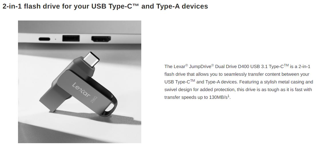 Lexar JumpDrive Dual Drive D400 USB 3.1 Type-C Flash Drive