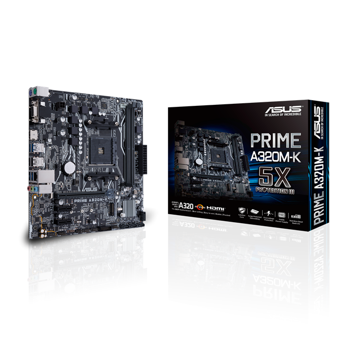 ASUS ASUS MB PRIME A320M-K AMD AM4 uATX motherboard with LED lighting, DDR4 3200MHz, 32Gb/s M.2, HDMI, SATA 6Gb/s, USB 3.0