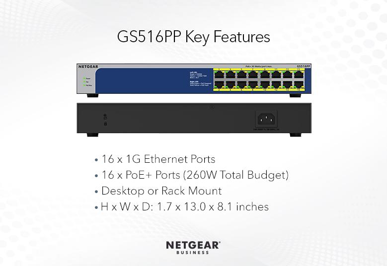 NETGEAR 16-Port Gigabit Ethernet High-Power PoE+ Unmanaged Switch 260W (GS516PP-100NAS)