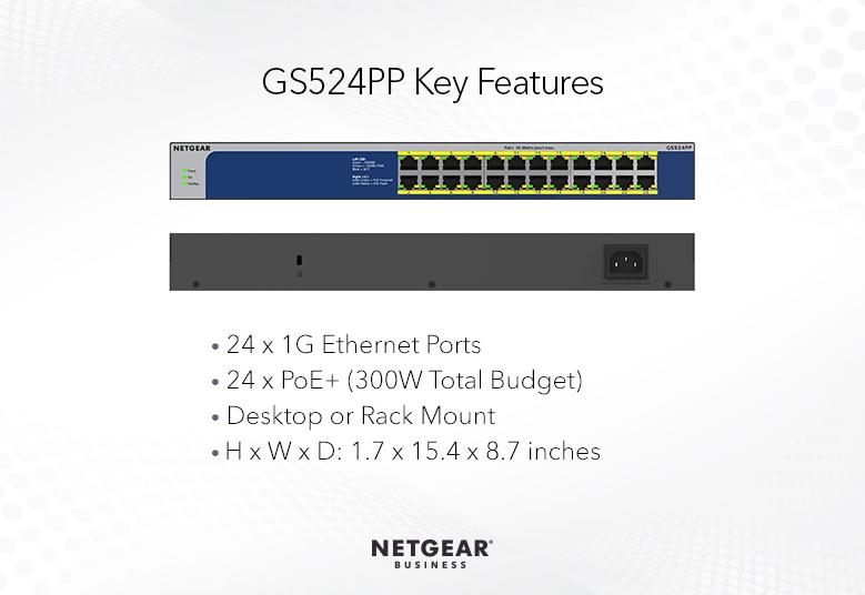 NETGEAR 24-Port Gigabit Ethernet High-Power PoE+ Unmanaged Switch 300W (GS524PP-100EUS)