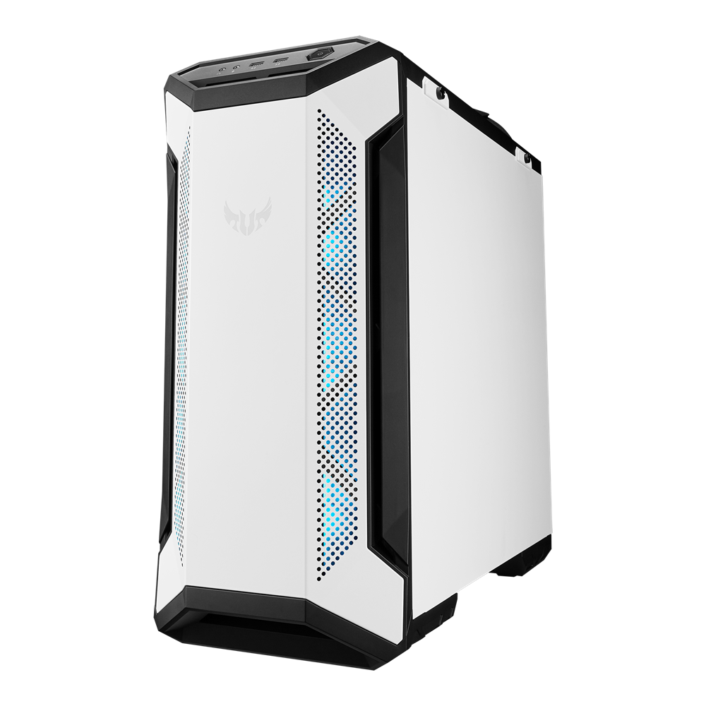 ASUS TUF Gaming GT501 White Edition case supports up to EATX with metal front panel, tempered-glass side panel, 120 mm RGB fan, 140 mm PWM fan, radiator space reserved, and USB 3.1 Gen 1
