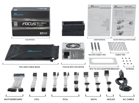 SeaSonic Focus SPX-750 SFX 12 V, ATX 12 V, Fully Modular, 80 PLUS Platinum Certified, White (SSR-750SPX White)