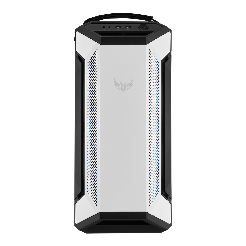 ASUS TUF Gaming GT501 White Edition case supports up to EATX with metal front panel, tempered-glass side panel, 120 mm RGB fan, 140 mm PWM fan, radiator space reserved, and USB 3.1 Gen 1