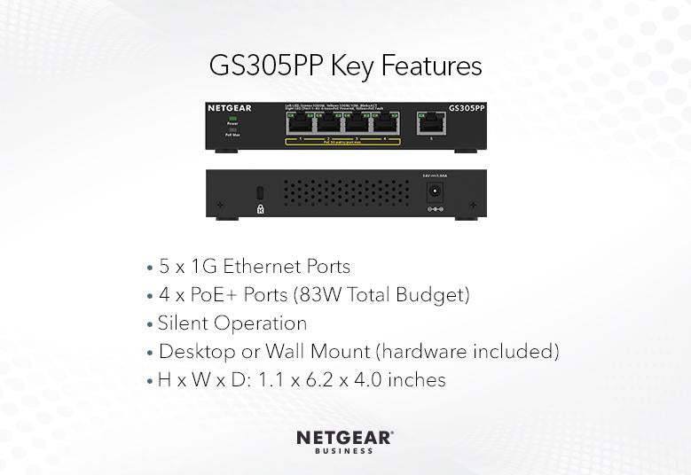 NETGEAR 5-Port Gigabit Ethernet SOHO Unmanaged Switch with 4-Ports PoE+ (83W) (GS305PP-100PES)