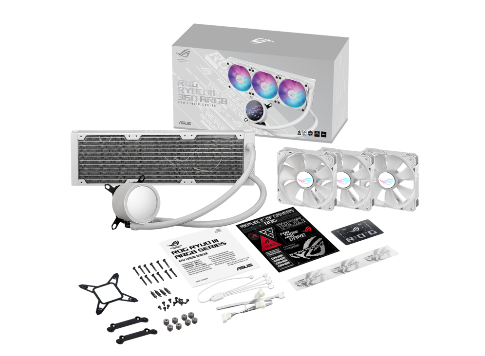 ASUS ROG RYUO III 360 ARGB WHITE EDITION, 8th gen Asetek pump,ROG FAN MODEL 12 ARGB, Anime Matrix LED