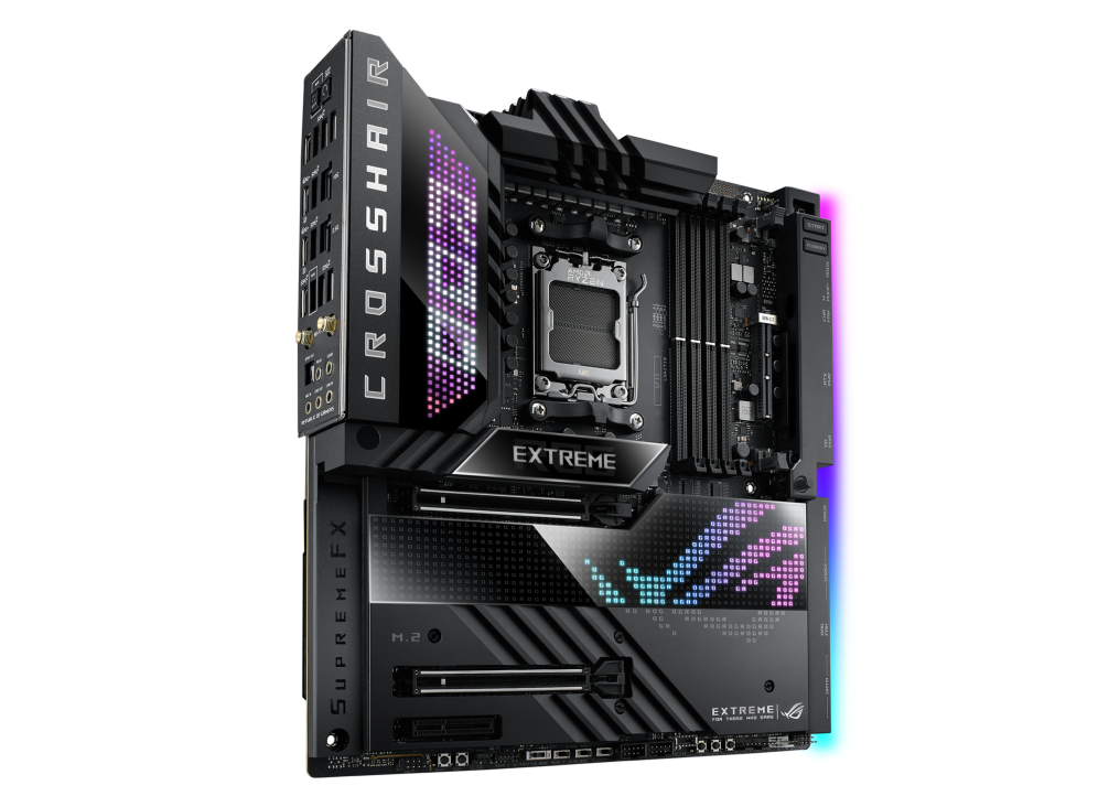 ASUS ROG Crosshair X670E Extreme, Gargantuan 20 + 2 teamed power solution, 6400 MT/s+, AMD EXPO, DRAM IC profiles, and AEMP,PCIe. 5.0,PCIe 5.0 M.2 Card