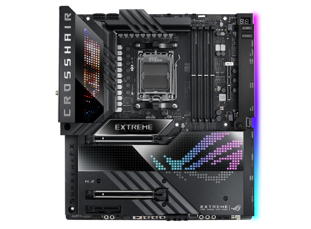 ASUS ROG Crosshair X670E Extreme, Gargantuan 20 + 2 teamed power solution, 6400 MT/s+, AMD EXPO, DRAM IC profiles, and AEMP,PCIe. 5.0,PCIe 5.0 M.2 Card