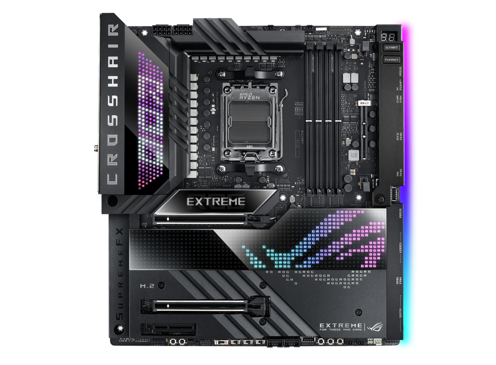 ASUS ROG Crosshair X670E Extreme, Gargantuan 20 + 2 teamed power solution, 6400 MT/s+, AMD EXPO, DRAM IC profiles, and AEMP,PCIe. 5.0,PCIe 5.0 M.2 Card