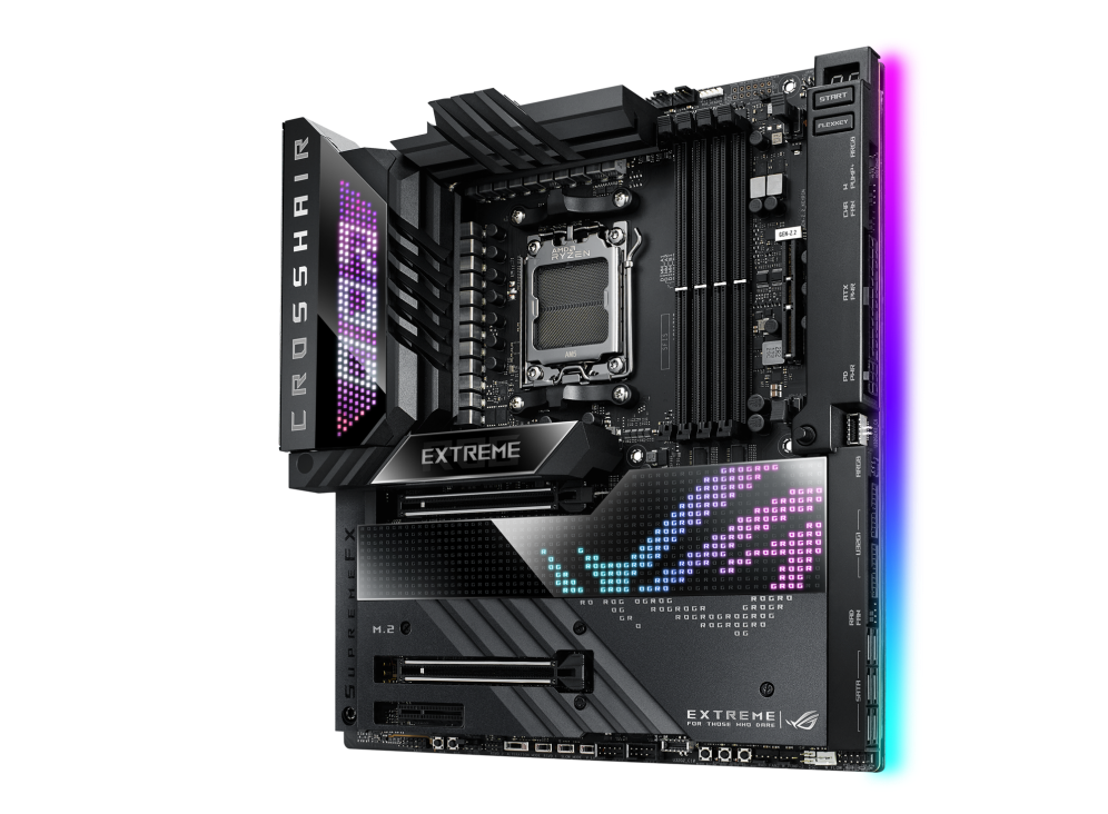 ASUS ROG Crosshair X670E Extreme, Gargantuan 20 + 2 teamed power solution, 6400 MT/s+, AMD EXPO, DRAM IC profiles, and AEMP,PCIe. 5.0,PCIe 5.0 M.2 Card