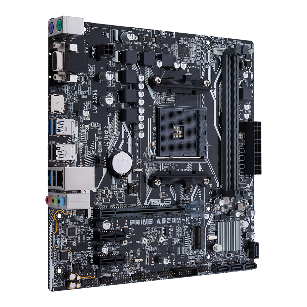 ASUS ASUS MB PRIME A320M-K AMD AM4 uATX motherboard with LED lighting, DDR4 3200MHz, 32Gb/s M.2, HDMI, SATA 6Gb/s, USB 3.0