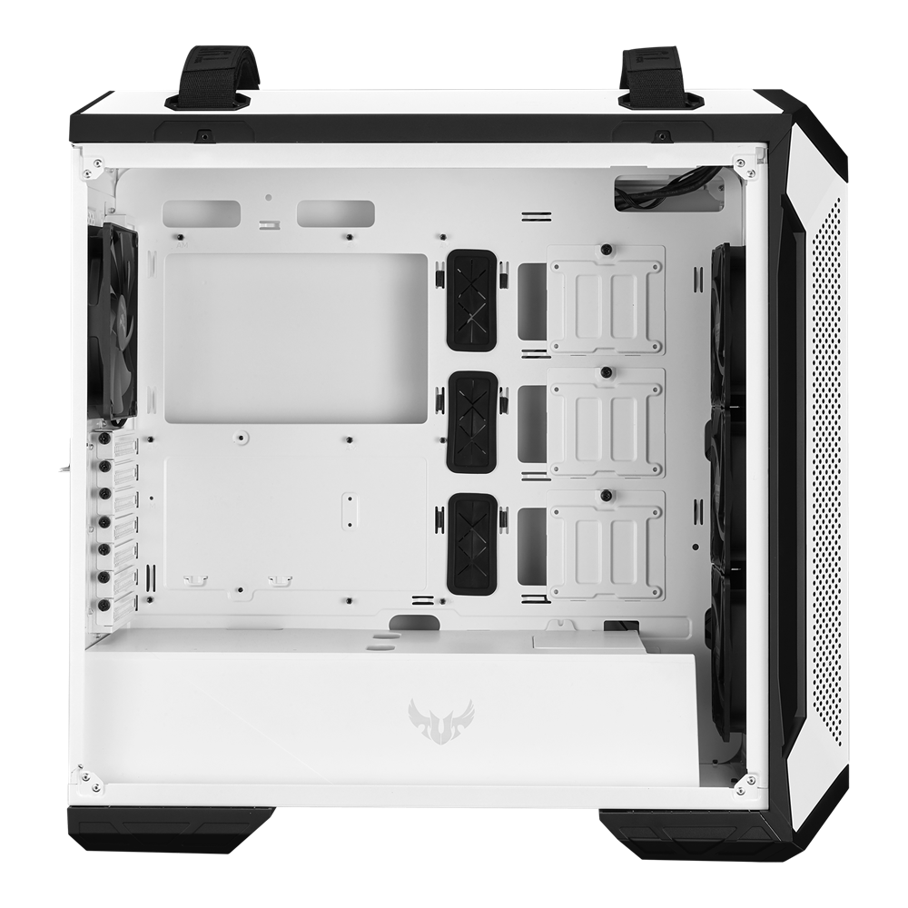 ASUS TUF Gaming GT501 White Edition case supports up to EATX with metal front panel, tempered-glass side panel, 120 mm RGB fan, 140 mm PWM fan, radiator space reserved, and USB 3.1 Gen 1