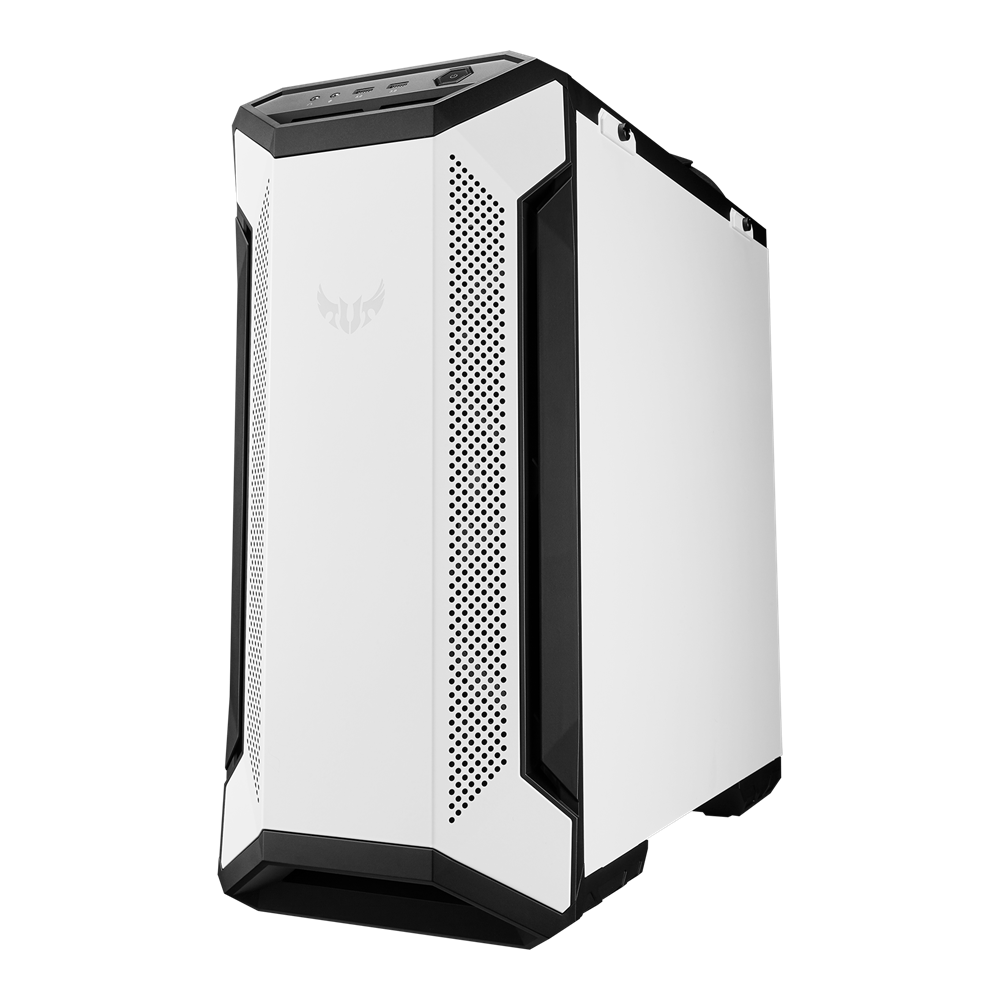 ASUS TUF Gaming GT501 White Edition case supports up to EATX with metal front panel, tempered-glass side panel, 120 mm RGB fan, 140 mm PWM fan, radiator space reserved, and USB 3.1 Gen 1