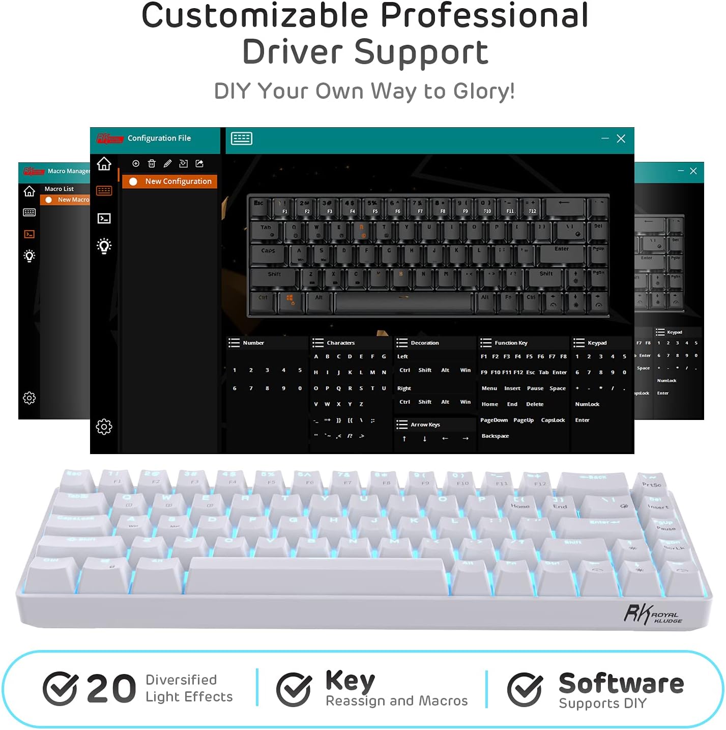 Royal Kludge RK68 White, Wireless, RGB, Mechanical Keyboard Gateron - Blue Switch