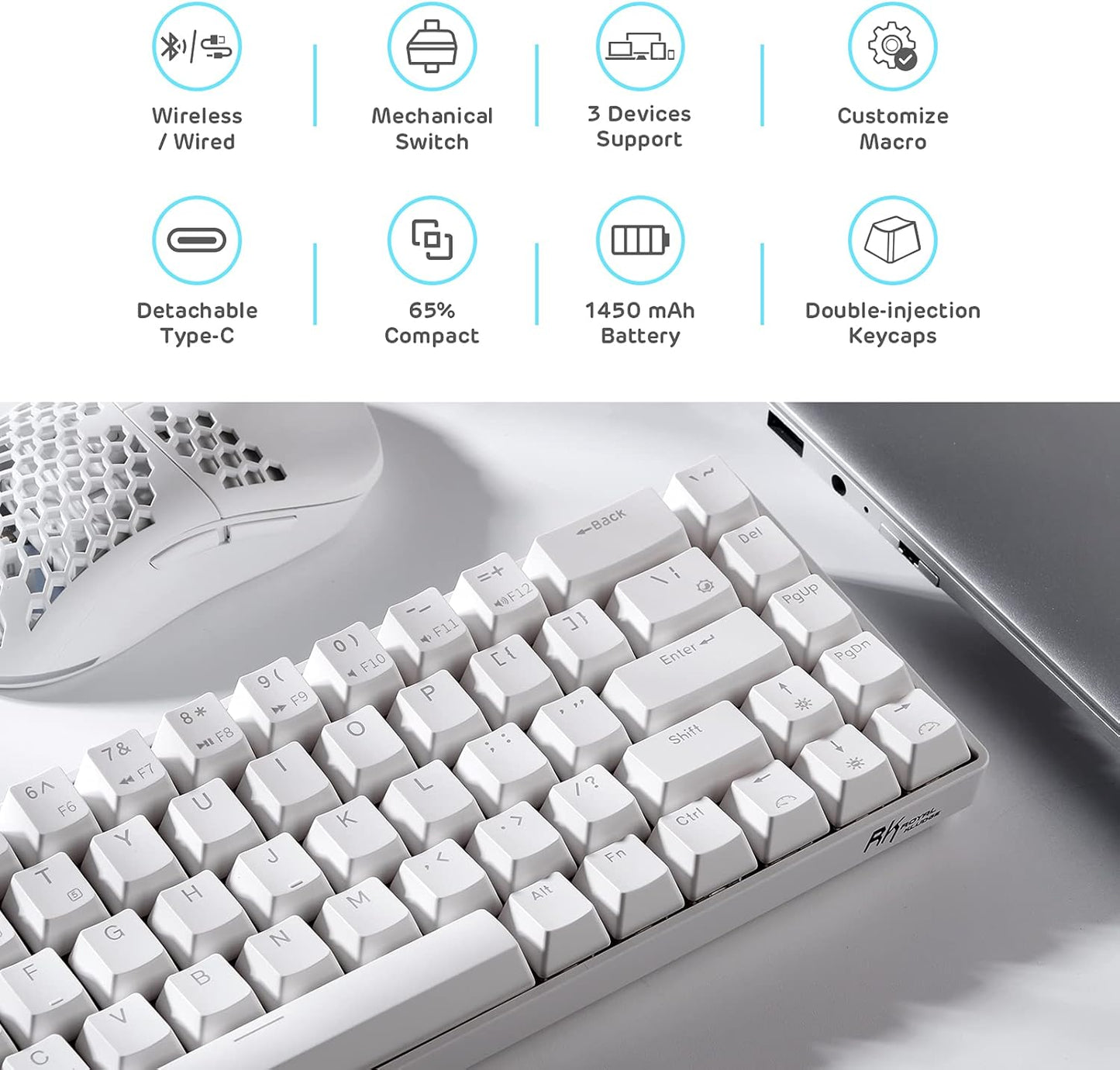 Royal Kludge RK68 White, Wireless, RGB, Mechanical Keyboard Gateron - Blue Switch