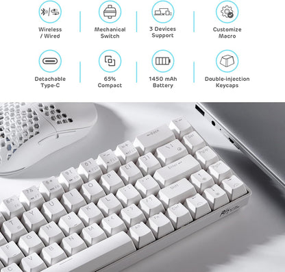 Royal Kludge RK68 White, Wireless, RGB, Mechanical Keyboard Gateron - Blue Switch