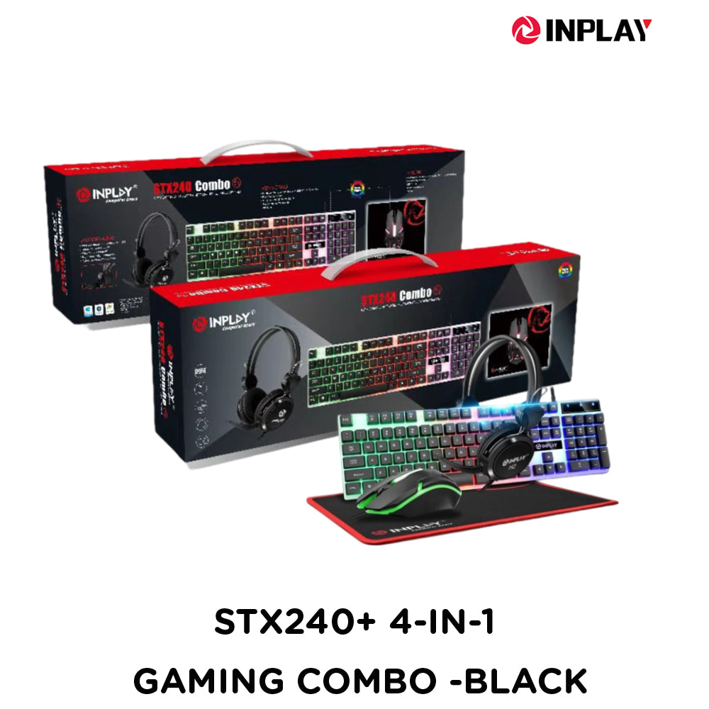 INPLAY STX240+ 4-IN-1 GAMING COMBO – BLACK | MEMBRANDE RGB GAMING KEYBOARD + RGB GAMING MOUSE + GAMING HEADSET 3.5MM CONNECTOR | GAMING MOUSEPAD