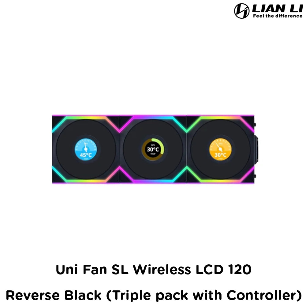 Lian Li Uni Fan SL Wireless LCD 120 - Reverse Black (Triple pack with Controller)