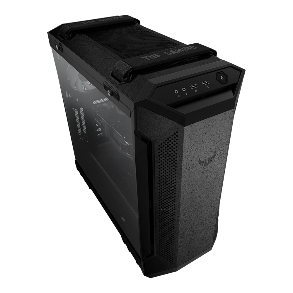 ASUS TUF Gaming GT501 Gray Edition case supports up to EATX with metal front panel, tempered-glass side panel, 120 mm RGB fan, 140 mm PWM fan, radiator space reserved, and USB 3.1 Gen 1