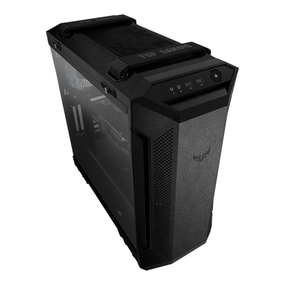 ASUS TUF Gaming GT501 Gray Edition case supports up to EATX with metal front panel, tempered-glass side panel, 120 mm RGB fan, 140 mm PWM fan, radiator space reserved, and USB 3.1 Gen 1