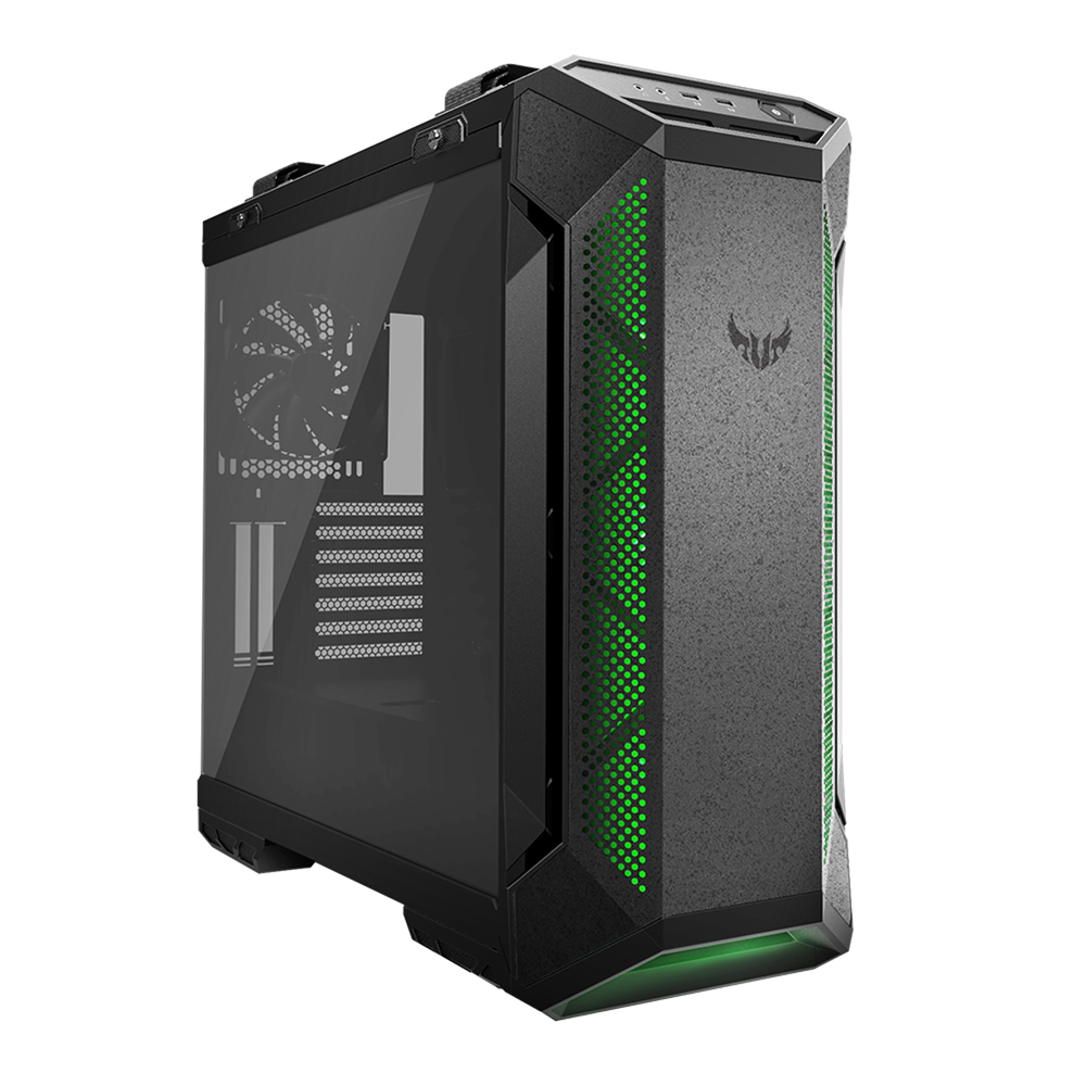 ASUS TUF Gaming GT501 Gray Edition case supports up to EATX with metal front panel, tempered-glass side panel, 120 mm RGB fan, 140 mm PWM fan, radiator space reserved, and USB 3.1 Gen 1