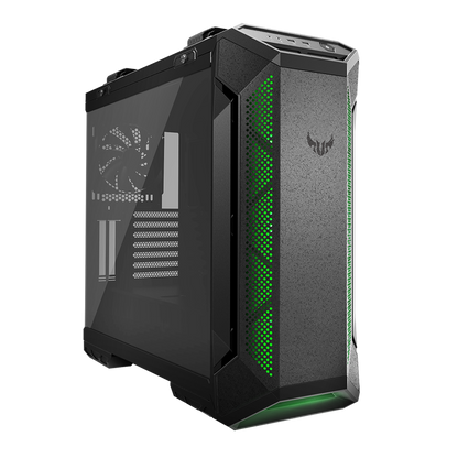 ASUS TUF Gaming GT501 Gray Edition case supports up to EATX with metal front panel, tempered-glass side panel, 120 mm RGB fan, 140 mm PWM fan, radiator space reserved, and USB 3.1 Gen 1