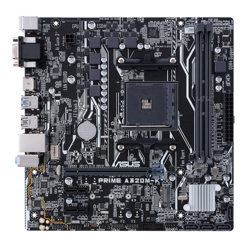 ASUS PRIME A320M-K/CSM, AMD AM4 uATX motherboard with LED lighting, DDR4 3200MHz, 32Gb/s M.2, HDMI, SATA 6Gb/s, USB 3.0