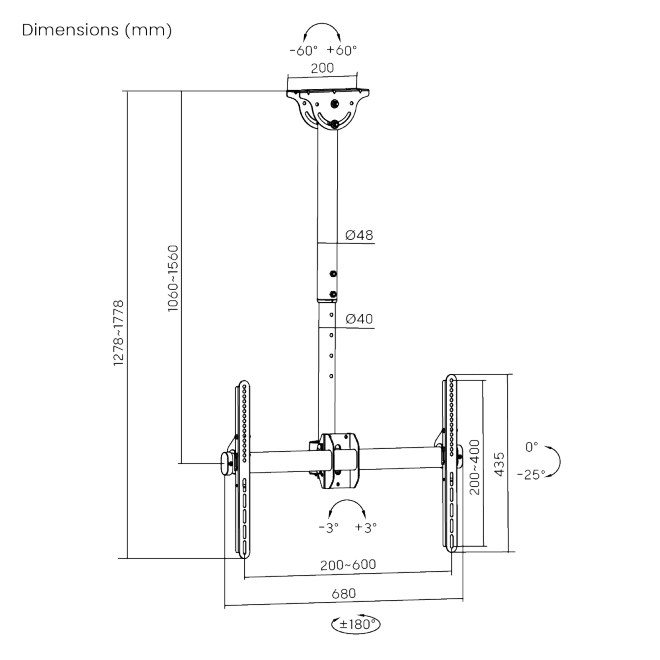 BRATECK Telescopic Full-motion TV Ceiling Mount