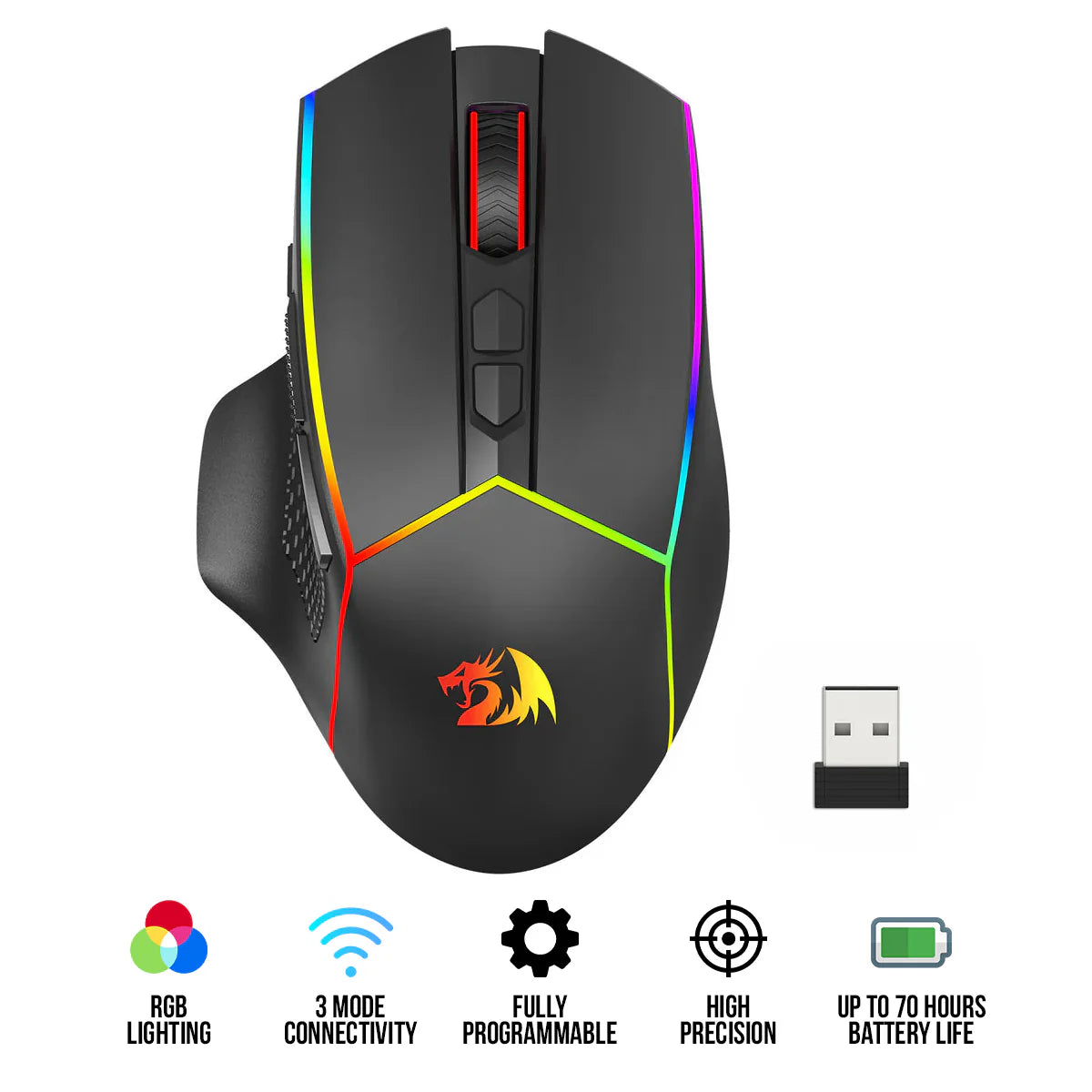 Redragon M814RGB-PRO Axe Pro RGB Tri-mode Gaming Mouse - Black