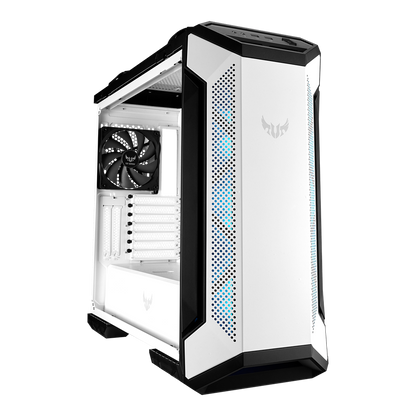 ASUS TUF Gaming GT501 White Edition case supports up to EATX with metal front panel, tempered-glass side panel, 120 mm RGB fan, 140 mm PWM fan, radiator space reserved, and USB 3.1 Gen 1