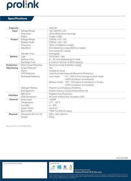 PROLINK PRO1201SFC Super-Fast Charging Line Interactive UPS 1200VA with AVR
