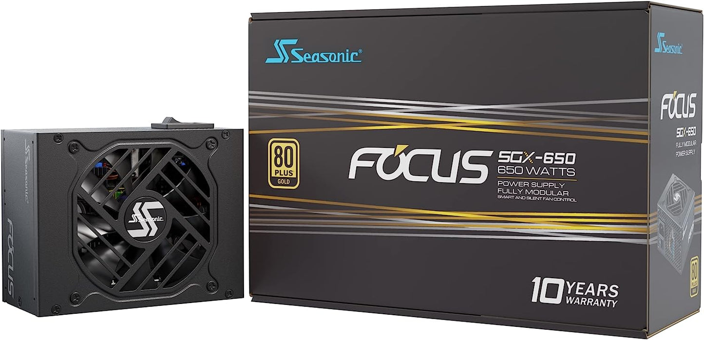 Seasonic Focus SGX-650, 650W 80+ Gold, Full Modular, SFX Form Factor, Compact Size, Fan Control in Fanless, Silent, and Cooling Mode, 10 Year Warranty, Power Supply (SSR-650SGX)