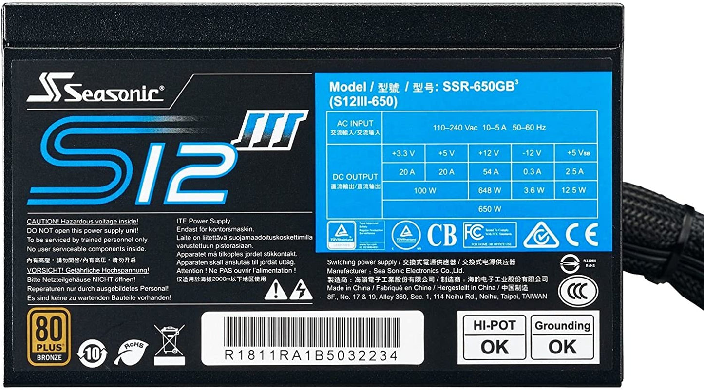 Seasonic S12III 650, 650W 80+ Bronze ATX12V & EPS12V Direct Cable Wire Output Smart & Silent Fan Control Power Supply (SSR-650GB3)