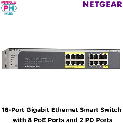 NETGEAR  16-Port Gigabit Ethernet Smart Switch with 8 PoE Ports and 2 PD Ports (GS516TP-100EUS)