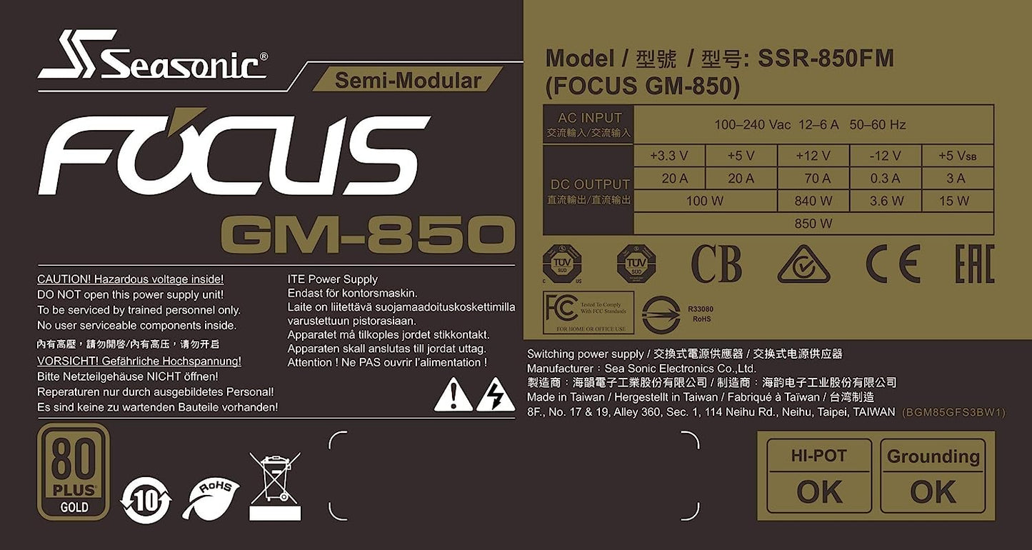 Seasonic Focus GM-850, 850W 80+ Gold, Semi-Modular, Fits All ATX Systems, Fan Control in Silent and Cooling Mode, 7 Year Warranty, Perfect Power Supply for Gaming and Various Application (SSR-850FM)